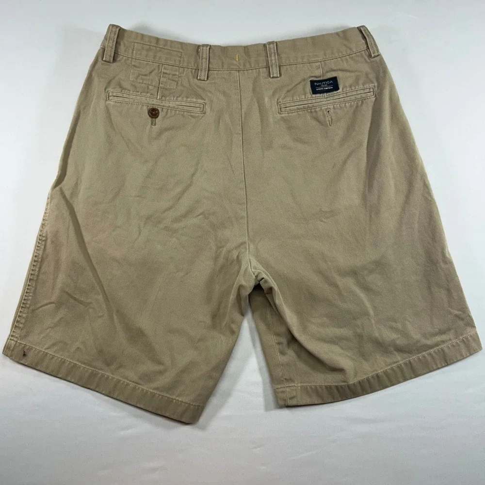 Nautica Clipper Mens 34W Relaxed Fit Chino Shorts Khaki Tan Cotton Casual Flat